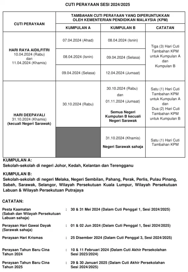 Lampiran Jumlah Hari Cuti Sekolah Sempena Sambutan Perayaan Tahun 2024